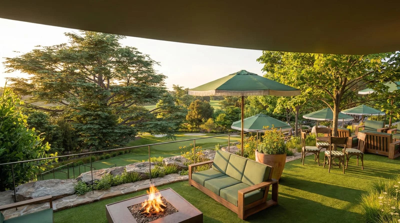 Mackenzie Club terrace with fire pits