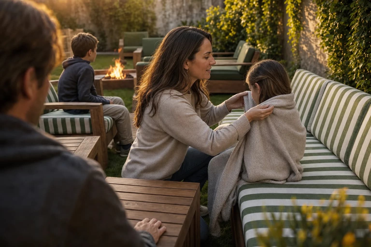 A mother wraps a blanket around her daughter beside an outdoor firepit as the rest of the family looks on.