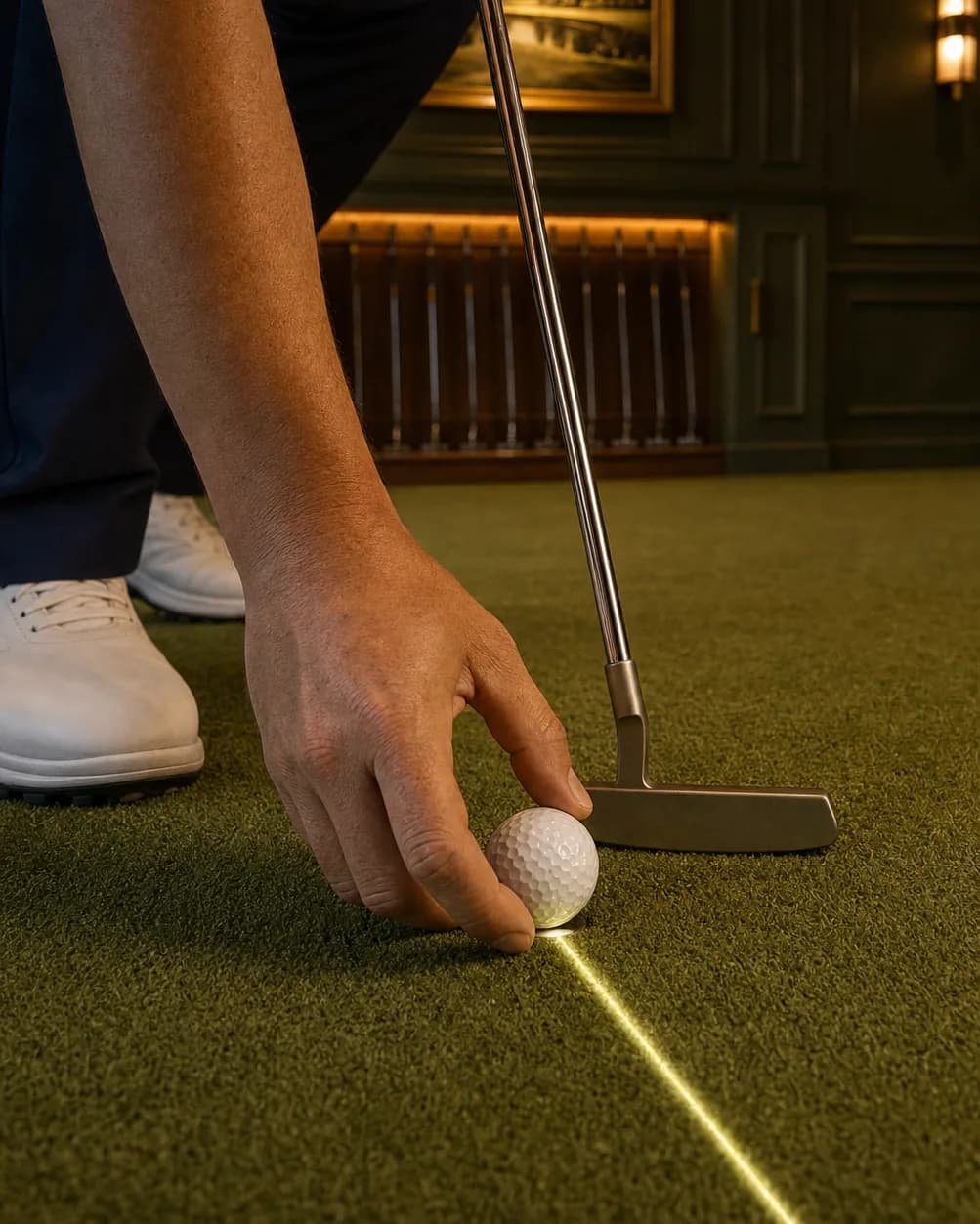 A close-up of a hand placing a golf ball beside a putter on an illuminated indoor putting green.
